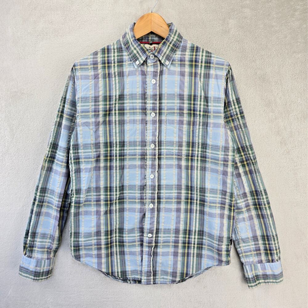 Relwen Button Down Long Sleeve Shirt Mens Small Blue Plaid Seersucker Cotton